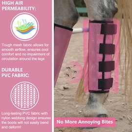 Gallopoff Horse Fly Boots Set of 4 - Non-Slip Leg Guards Extra Tough Mesh Ventilated, Adjustable Horse Fly Leggings Reduce Stomping & Hoof Stress & Leg Fatigue Pink Large