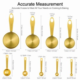 GuDoQi Tazas y Cucharas Medidoras, 9 Piezas, Acero Inoxidable de Alta Calidad con Medidas Métricas y US, Taza Medidora de Ingredientes Secos y Líquidos para Hornear y Cocinar (Oro)