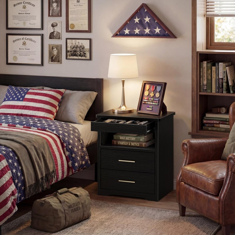 Black Nightstand with Gun Drawer for Bedroom - Modern 3