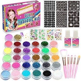 HEITIGN Glitter Tattoo Set 32 ​​Color Temporal Glitter Tattoo Kit de Maquillaje para Niños Adultos Body Glitter Art para Carnaval Fiesta de Cumpleaños
