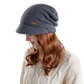 AYPOW Winter Knit Slouchy Visor Hat for Women, Fleece Lined Warm Thermal Hat with Brim, Pullover Ear Protection Hat, Beret Hat Newsboy Cap, Daily Winter Outdoor hat for Ladies Grey