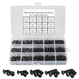 FandWay Pack of 750 Small Screws Assortment M1.7 M2 M2.3 M2.6 M3 Micro Screws, Black Carbon Steel Round Head Tapping Screws for Glasses, Watches, Phones, etc.