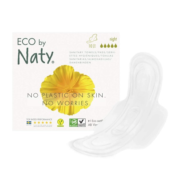 Eco by Naty Damenbinden - Nacht, 10 Binden. Sichere, saugfähige und pflanzliche Damenbinden. Vegan. 0% Plastik auf der Haut , Pack of 4 (10 Pads Each)