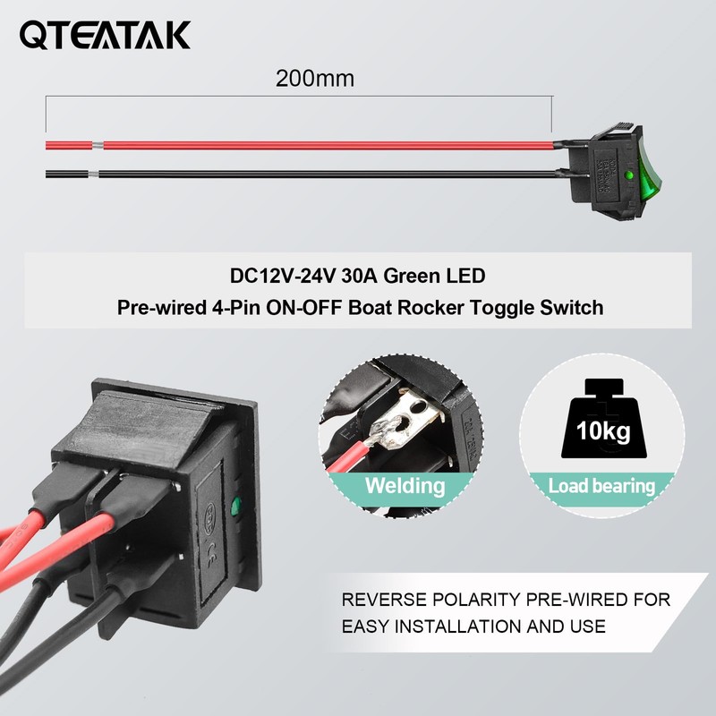 QTEATAK KCD4 2Pcs DC 12V-24V 30A DPST Pre-Wired 4-Pin 2