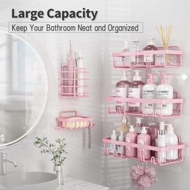 Liuoud 5 Pack Shower Caddy Organizer Rack Shelf for Inside Shower, Adhesive Bathroom Wall Storage Basket Rustproof Stainless Steel Shampoo Holder, Girly Bathroom Accessory Decor Set, Pink