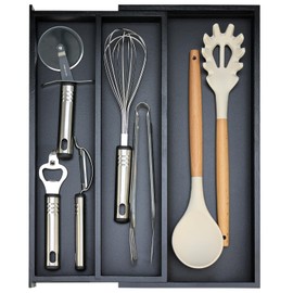 Bamboo Kitchen Tool Drawer Organizer Storage Black Cutlery Tray Expandable Silverware Drawer Divider Organizers Large Cooking Utensil Holder for Drawers Spoon Flatware Organizer Silverware Trays