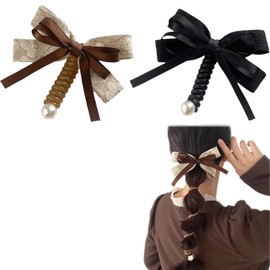 Coollooda Wire Pony Bowknot (2-piece Set) Hair Elastic Coil Pony Pony Hook Spiral Hair Rubber Phone Cord Type Durable Non-marking Adjustable Popular Elegant Commuting to Work or School All Year Round