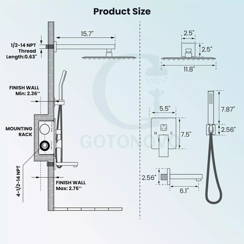 Senlesen Chrome Shower Faucet Set 12" Rainfall Head Combo Kit