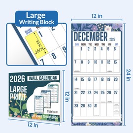 SUNEE Wall Calendar 2025-2026, Large Print Wall Calendar Sep.2025 - Dec.2026, 16-Months, Monthly Planner with Big Grid, Large Floral Colorful Calendar for Home Office Planning, 12" x 24" (Open)