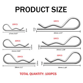 Ryaupy 100 pieces stainless steel cotter pins, R-clips, safety cotter pin, pin assortment, spring connector, trailer hitch splint for towing tractors, lawn mower (6 different sizes)