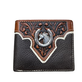 Western Stakes Mens Wallet Floral Tooled Horse Horseshoe Concho Embossed Cowboy Western Leather Wallet High End Leather Mens Wallets Leather Rodeo Gifts For Men (Coffee)