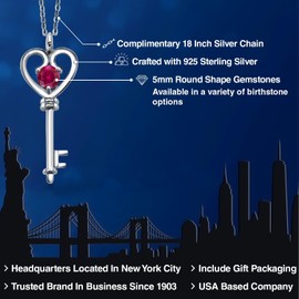 Gem Stone King Heart Key Pendant Necklace For Women In 925 Sterling Silver | Round 5MM | Gemstone Birthstone | Mom Wife Birthday Anniversary Graduation Gifts | With 18 Inch Silver Chain