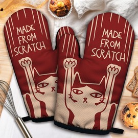 ZHANTUONE Made from Scratch Funny Heat Resistant Oven Mitts 2-Piece Set with Silicone Non-Slip, Cat Lover Cooking Baking BBQ Gadgets, Gifts for Mom Bake Lover Chef Cat Owner BFF Wife Sister