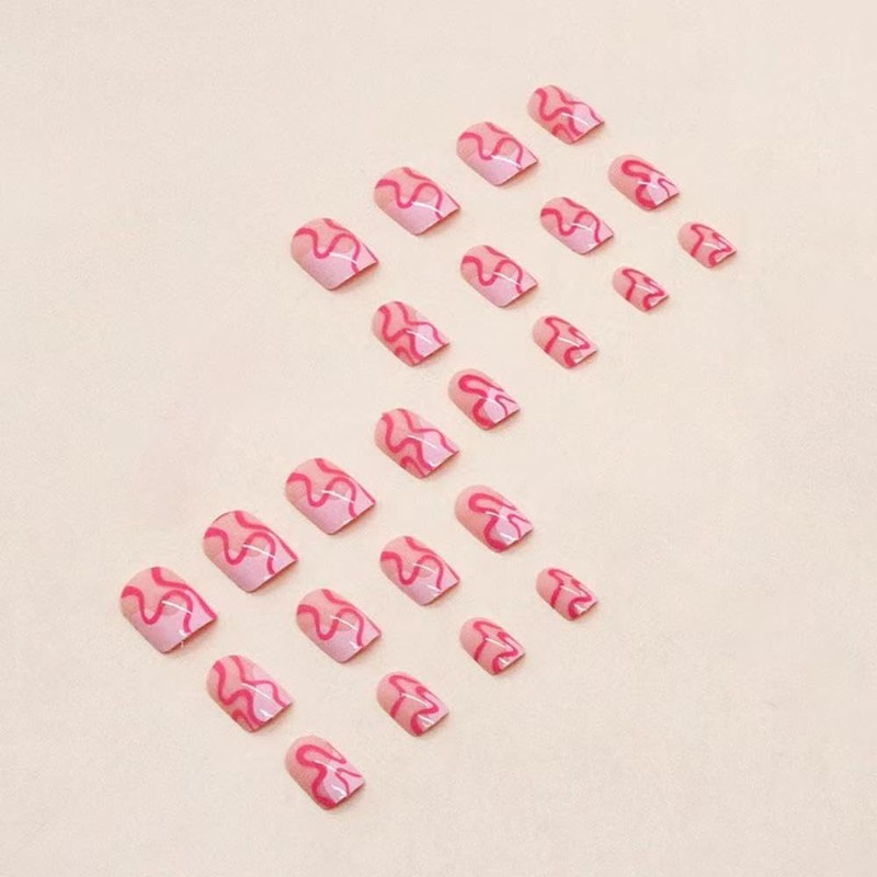 Pink Press on Nails Irregular Ripple Fake Nails Short Square