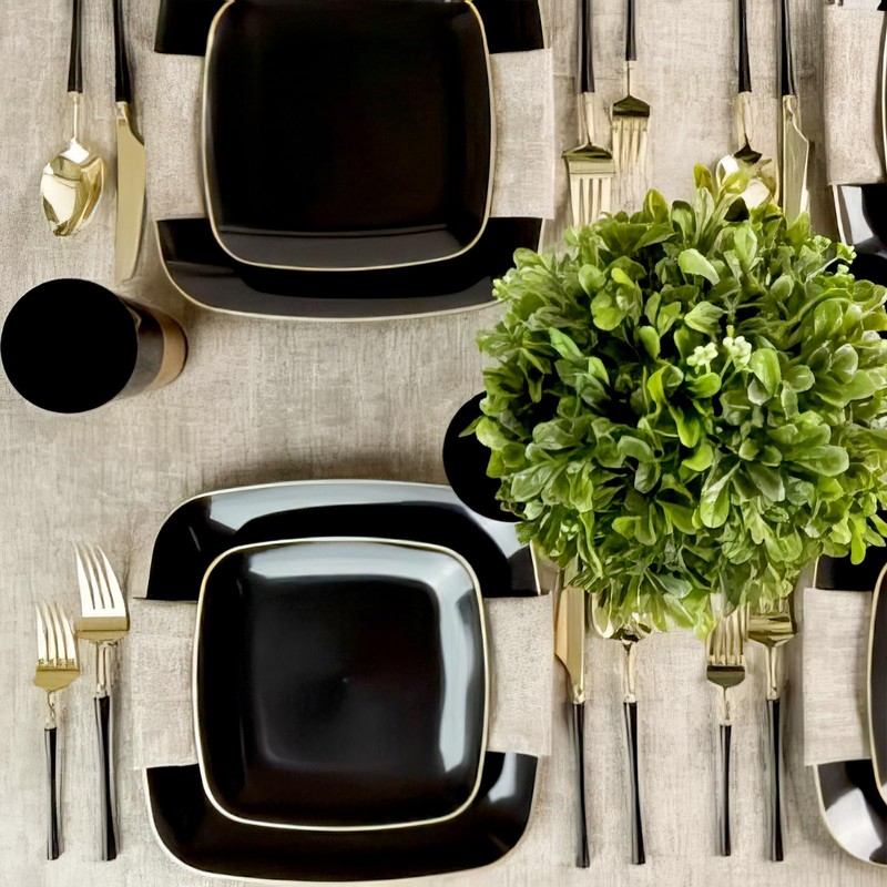 Black Gold Rim Square Organic Plastic Tray - 14" (Pack