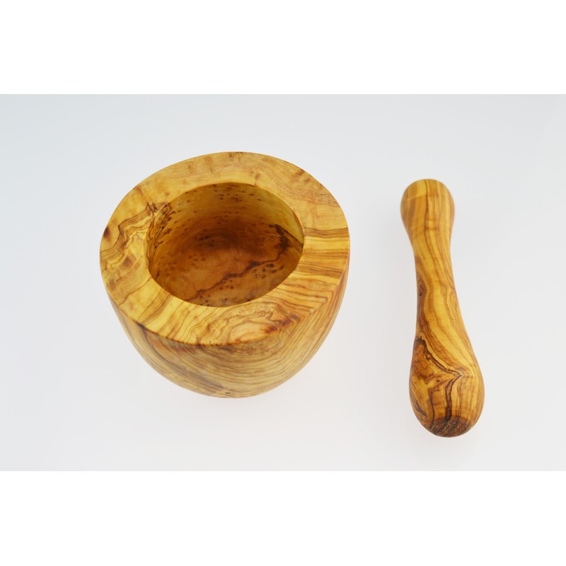 Olive Wood Mortar and Pestle, Flat Style, Wood, Grain/Natural, 10