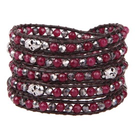 KELITCH Crystal Skull Beaded Bracelets 5 Wrap Bracelets Hand Woven Women Girl Jewelry (Red)