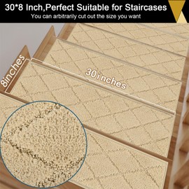 HEBE Carpet Stair Treads Non Slip 15 PCS 8" X 30" Edging Stair Runner for Wooden Steps Indoor Self Adhesive Stair Rugs Runners Reusable Staircase Step Treads Mat for Kids,Elders,Pets