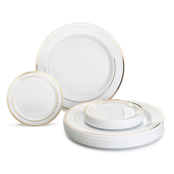 " OCCASIONS" 240 Plates Pack, Heavyweight Premium Disposable Plastic Plates Set 120 x 10.5'' Dinner + 120 x 6.25'' Dessert/Cake Plates (White & Gold Rim)