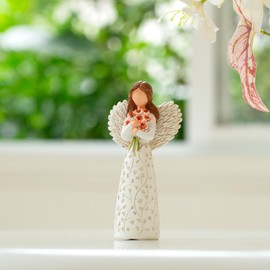 DEWLULU Hand-Painted Angel Figurine with Red Poppy, Remembrance Symbol & Tree of Life Design - Meaningful Gift for Memorial, Hope & Renewal. Angel Statue with Leaf Pattern Dress