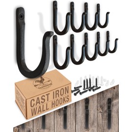 Railroad Spike Cast Iron Hooks (10 Pack) Handmade Blacksmith, Wall Mounted Farmhouse Decorative Hooks, PowderCoated for Interior or Exterior Use, Rust Proof for Hanging Coats, Bags or Pots (Black)