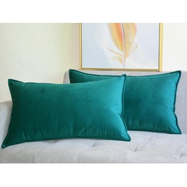 Lutanky Pack of 2 Velvet Cushion Covers Peacock Green Decorative Rectangle Throw Pillow Case Soft Flanges Pillowcases for Sofa Bedroom with Invisible Zipper 12x20 Inch 30 x 50 cm