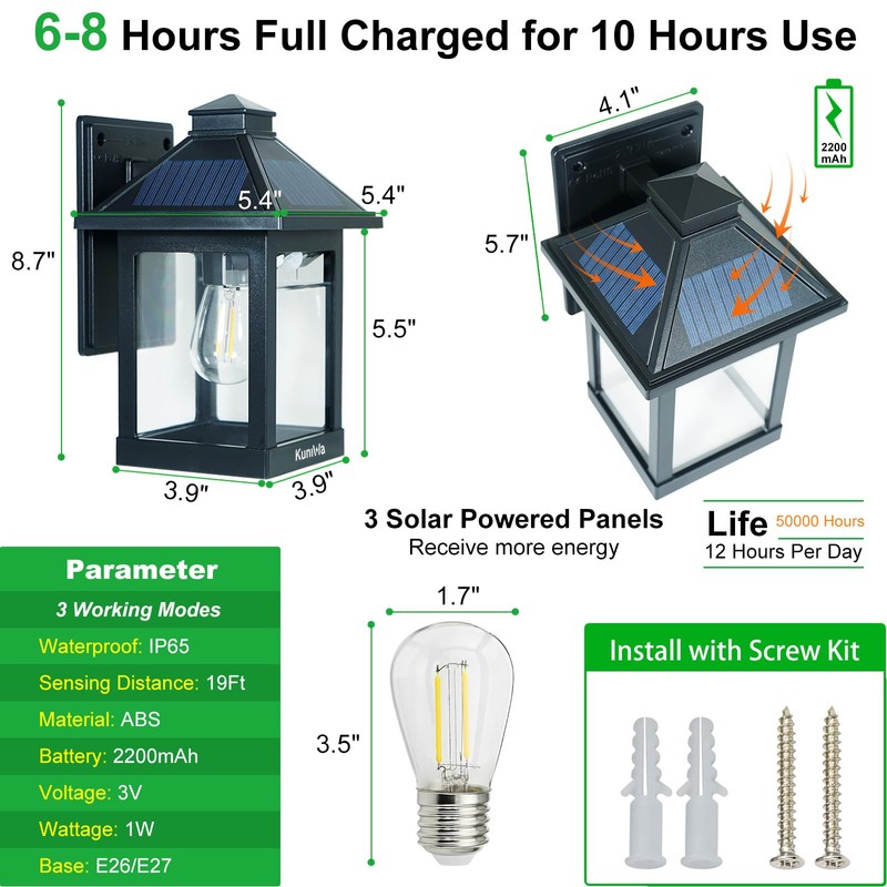 Kuniwa Solar Wall Light Outdoor with 3 Lighting Modes, Dusk