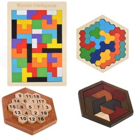 4 Pieces Wooden Hexagon Puzzle,Wooden Tangram Block Puzzle Brain Teaser Toy 3D Russian Blocks Game Geometry Logic Game Blocks Educational Toy for Teens Adults