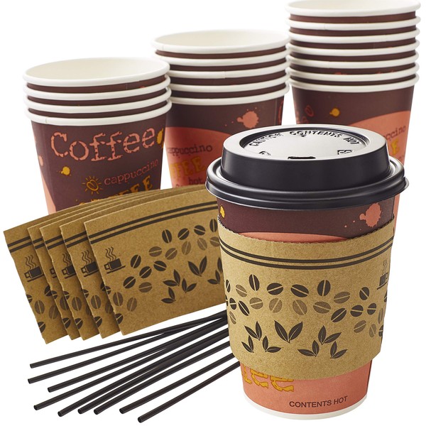 Leak-free Decorative 12Oz Disposable Coffee Cup 150Pk Set With Sleeves, Lids and Stirrers. Recyclable and Stylish Brown Paper Cup Bundle for Party, Office Business or Cafe Hot Beverages and Drinks.