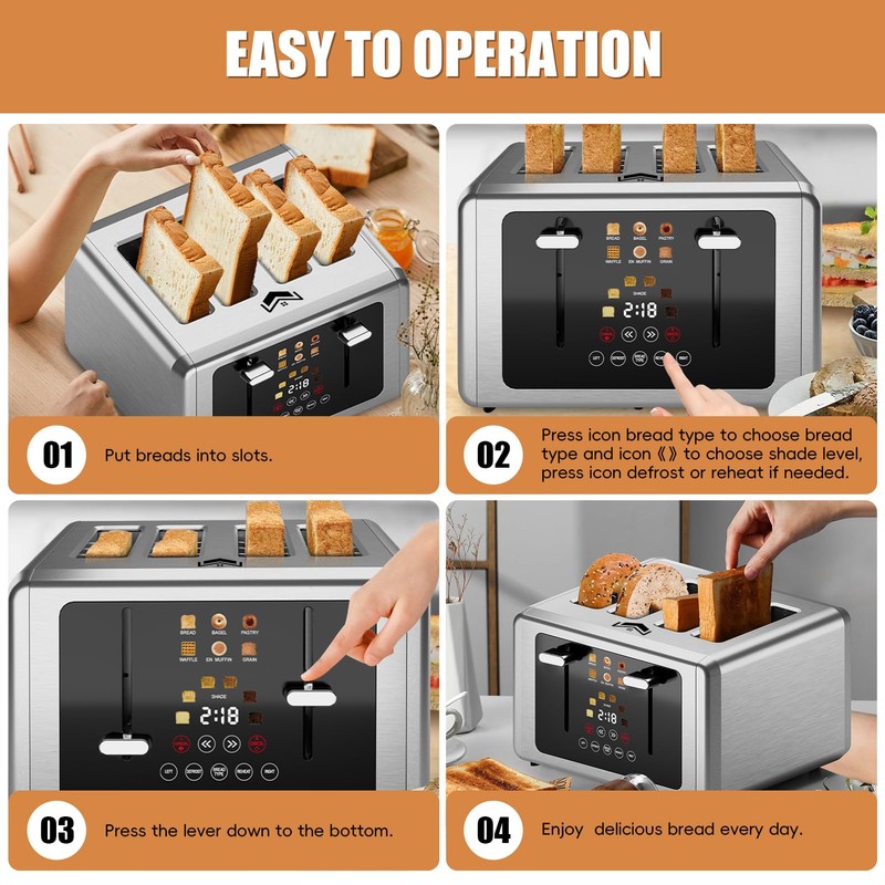 WUNLY 4 Slice Toaster, Touchscreen & Dual Independent Control Panel，5