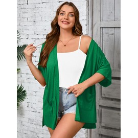 AusLook Plus Size Lightweight Cardigan for Women Open Front Short Sleeve Summer Casual Loose Cover Ups Kimono Dressy Blouse Tops with Pockets Green 4X
