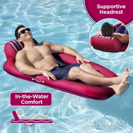 Aqua Luxury Water Pool Lounge – Extra Large – Inflatable Pool Floats for Adults with Headrest, Backrest, Footrest & Cupholder – Burgundy/Navy Stripe