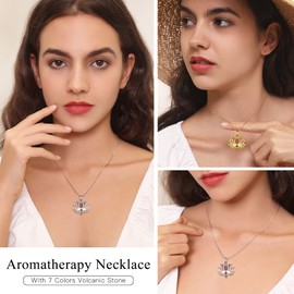 Bestyle Filigree Lotus Gold Locket Pendant for Women Girls, Lava Stone Diffuser Necklaces for Women Essential Oil Aromatherapy Therapy Jewelry, 7 Pcs Rocks, 20" +2" Chain BTP27078K