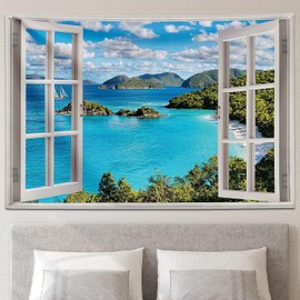 FENDROM Ocean Beach Tapestry Wall Hanging Blue Sea Tropic Island Paradise Summer Coconut Tree Palm Seaside Window Nature for Bedroom Aesthetic