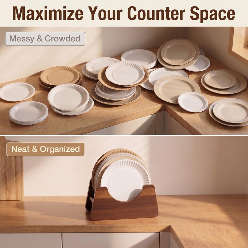 Wooden Paper Plate Holder, Kitchen Countertop Storage for 6-10 Inch