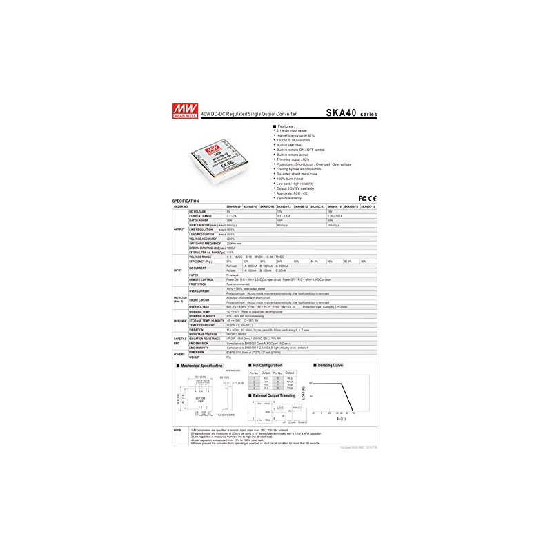 MEAN WELL SKA40A-12 12V 0.3~3.33A 40W DC-DC Regulated Single Output