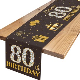 Table Runner 80th Birthday Black Gold Happy Birthday 80 Tablecloth with Diamonds, Table Decoration Birthday for Men Women 80th Birthday Decoration, Table Decoration 80 Years