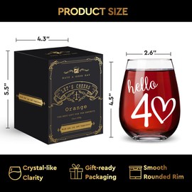 QIMIUTB Hello 40 Years Theme Wine Glass Gift, 40th Birthday Anniversary Wedding Valentine's Day Stemless Wine Glass Gifts for Couple Men Women Wife Husband Parents Grandpa Grandma Her BFF-1