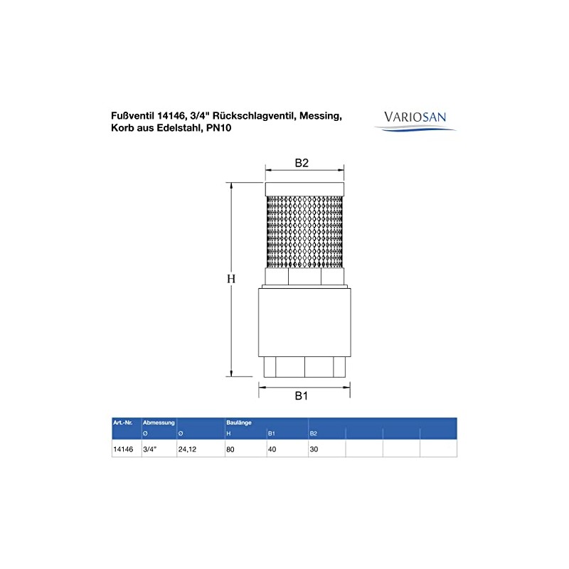 VARIOSAN Foot Valve 14146, 3/4 Inch Check Valve, Brass, Stainless
