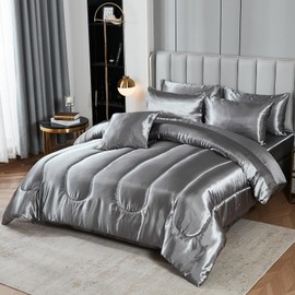 Silk Like Grey Comforter Set with Sheet Set Queen 8 Pieces Satin Bedding Comforter Set Silky Bed-in-a-Bag Luxury Hotel Silky Comforter Set with 1 Cushion Cover (Queen, Grey)