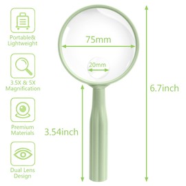 Handheld Reading Magnifying Glass, 3.5X & 5X Dual Lens Magnifier, Green