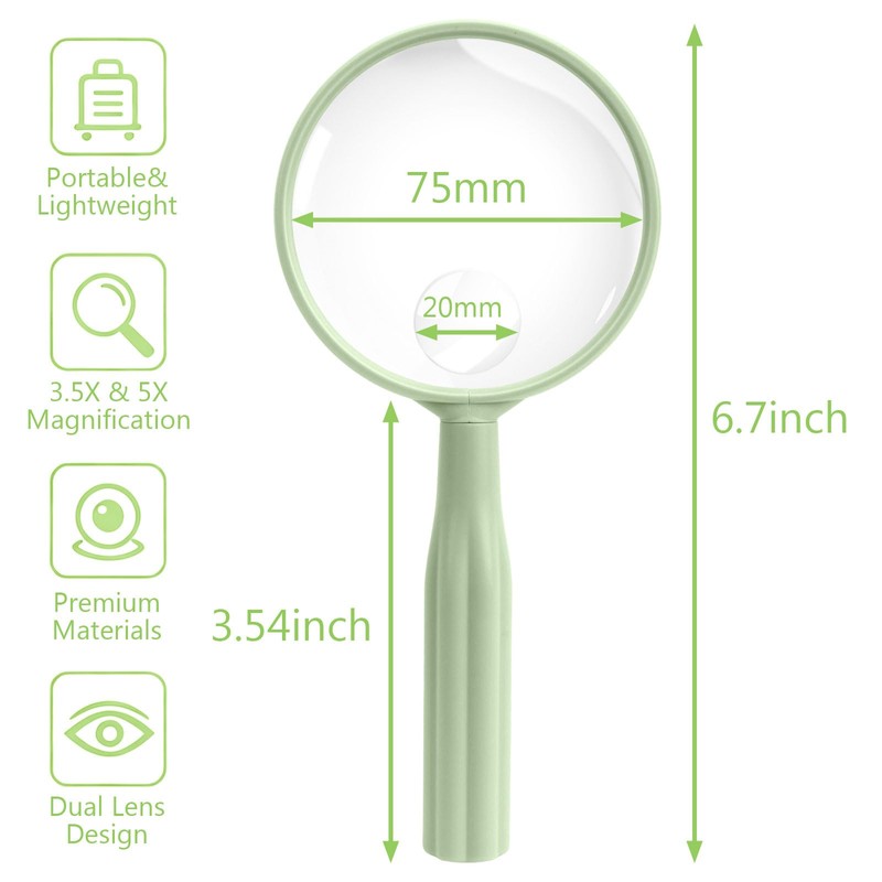 Handheld Reading Magnifying Glass, 3.5X & 5X Dual Lens Magnifier,