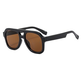 Long Keeper Retro Pilot Sunglasses Men Women 70s Vintage Sunglasses Aviator Glasses Square Classic Pilot Yellow Tinted Glasses with UV400 Protection 50 mm, Black Frame - Brown Lens