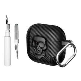 [3 in 1]Casevita Lock Case Compatible with AirPods 4 with Active Noise Cancellation with Keychain, Funny TPU Cool Skull Carbon Fiber Protective Cover for Man with Cleaning Kit