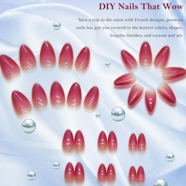 24 Pcs Glitter Almond Shaped Fake Nails - French Tip Cute Press on Nails Medium, Bling Stick on Acrylic Nails Glossy Full Cover False Nails for Women Girls (Hot Pink)
