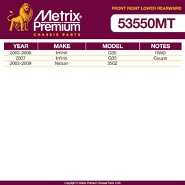 Metrix Premium Chassis Parts - Front Right Lower Rearward Control Arm w Ball Joint & Bushing Assembly Fits 03-06 Infiniti G35 RWD, 07 G35, 03-09 Nissan 350Z, Replacement RK621372, Made in Europe