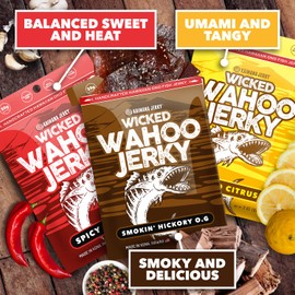 Wahoo Ono Fish Jerky Variety Sampler - Smokin' Hickory O.G, Island Citrus, and Spicy Chili - Smoky, Zesty, and Spicy Umami Flavors - Artisan Crafted by Kaimana Jerky - Organic Gourmet Smoked Dried Fish Strips Rich in Omega-3 & Protein - Low-Calorie Seafo