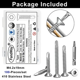 FandWay Pack of 100 Torx Drilling Screws, M4.2 x 19 mm Countersunk Head Self-Drilling Screws, Flat Head Self-Drilling Screws, Stainless Steel 410 Tapping Screws, Metal Roofing Screws Assortment with 1 TX20 Bits