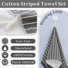 VOOVA & MOVAS 4-Piece Premium Cotton Hand Towels with Hanging Loops | 13x28 Inches, Thick 450GSM | Ultra-Absorbent & Quick-Dry | Soft Bathroom & Face Towels | Classic Gray Stripe Design