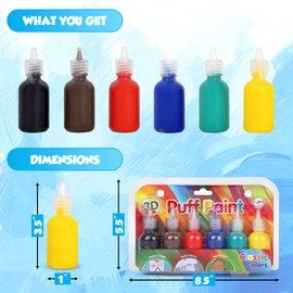 Playkidiz Puff Paint, 6 Pack 3-D Fabric Paint, Classic Colors, Non-toxic Paint Set for Kids, Ages 3+